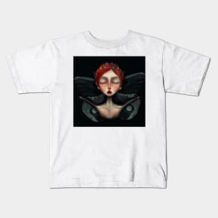 Red Head Gothic Faerie Queen Black Butterfly Wings Dreaming Lowbrow Fairy tale Art Portrait Kids T-Shirt